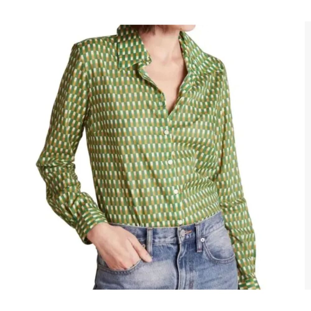 Trovata Jacquelin Shirt Geometric Print Cotton Button Down Peridot Paver NWT